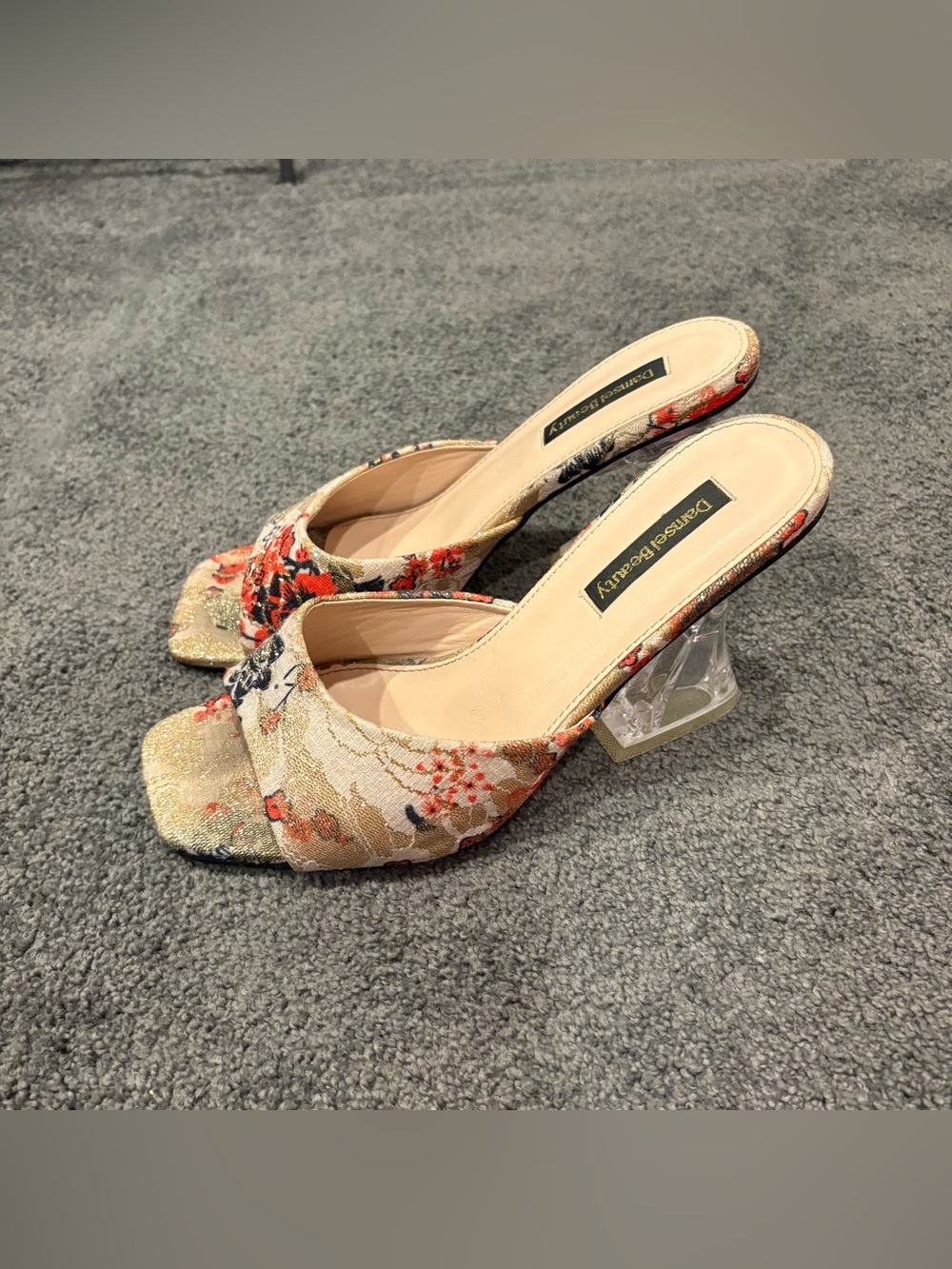 Y2K Damsel Beauty Floral Brocade Clear Heel Mule Sandals